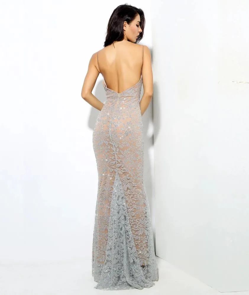 Elegant Sexy Ladies' Silver Deep V-neck Backless Long Dresses