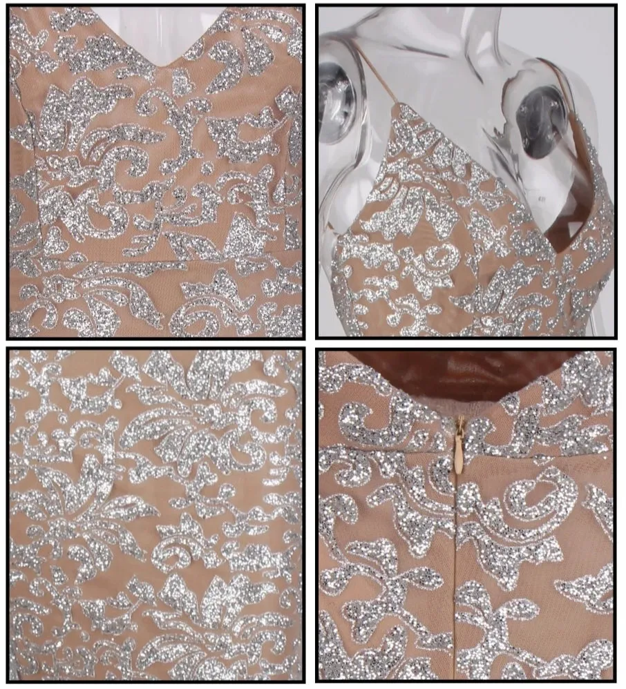 Elegant Sexy Ladies' Silver Deep V-neck Backless Long Dresses
