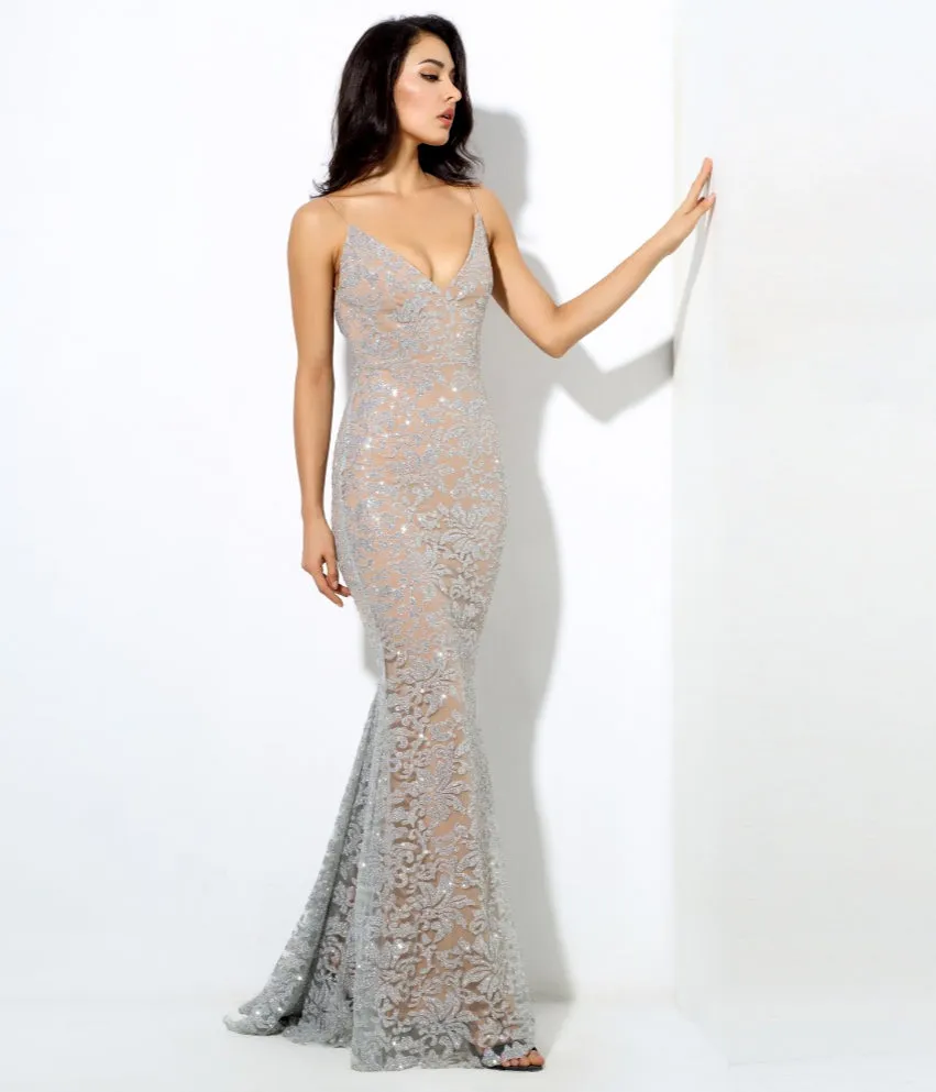 Elegant Sexy Ladies' Silver Deep V-neck Backless Long Dresses