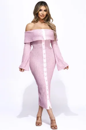 Flared Sleeve Off The Shoulder Pink Midi Dress