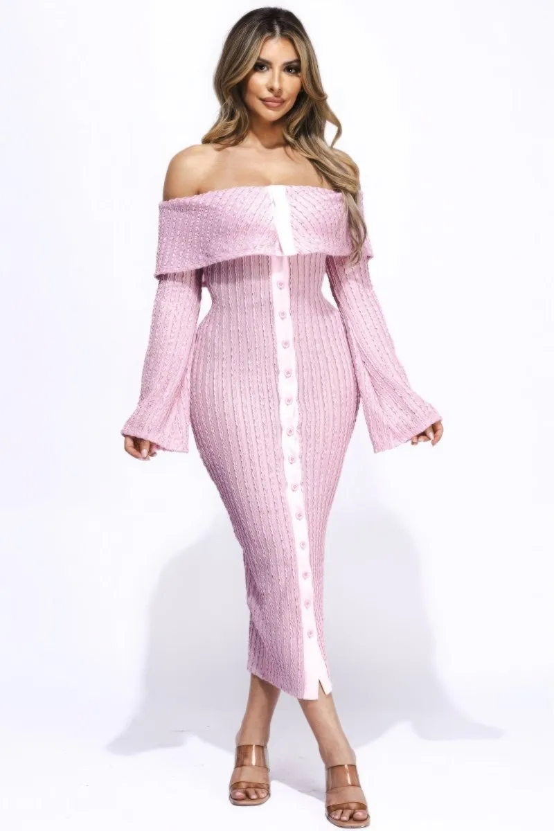 Flared Sleeve Off The Shoulder Pink Midi Dress