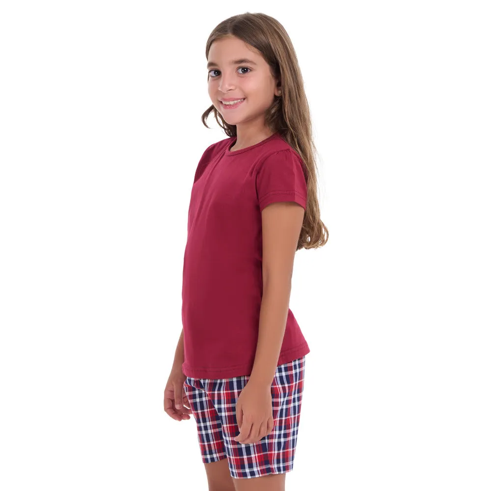 Girls summer pajama set Dark red t-shirt   Dark Blue x Red Checkered shorts