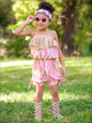 Girls Tan And Pink Brushstroke Print Spaghetti Strap Banded Bottom Jumper with Lace Ruffle