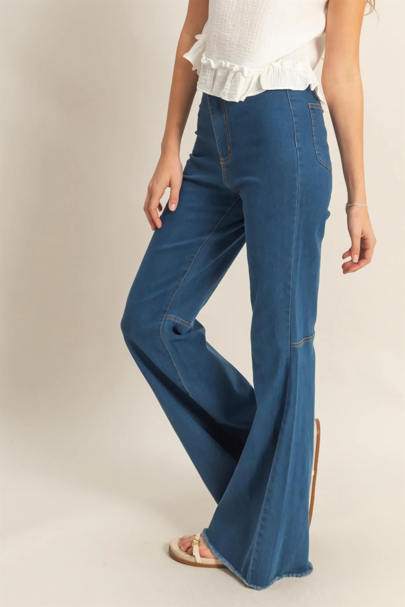 HF25C156-High-Waist  Washed Denim Flared Pants