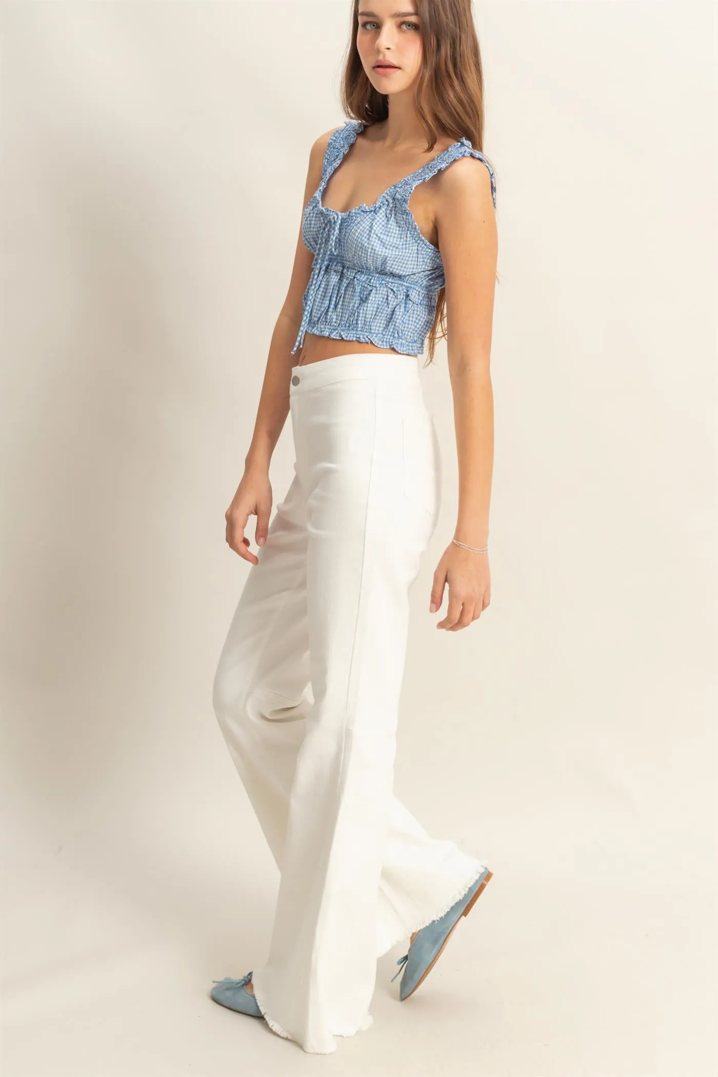 HF25C156-High-Waist  Washed Denim Flared Pants
