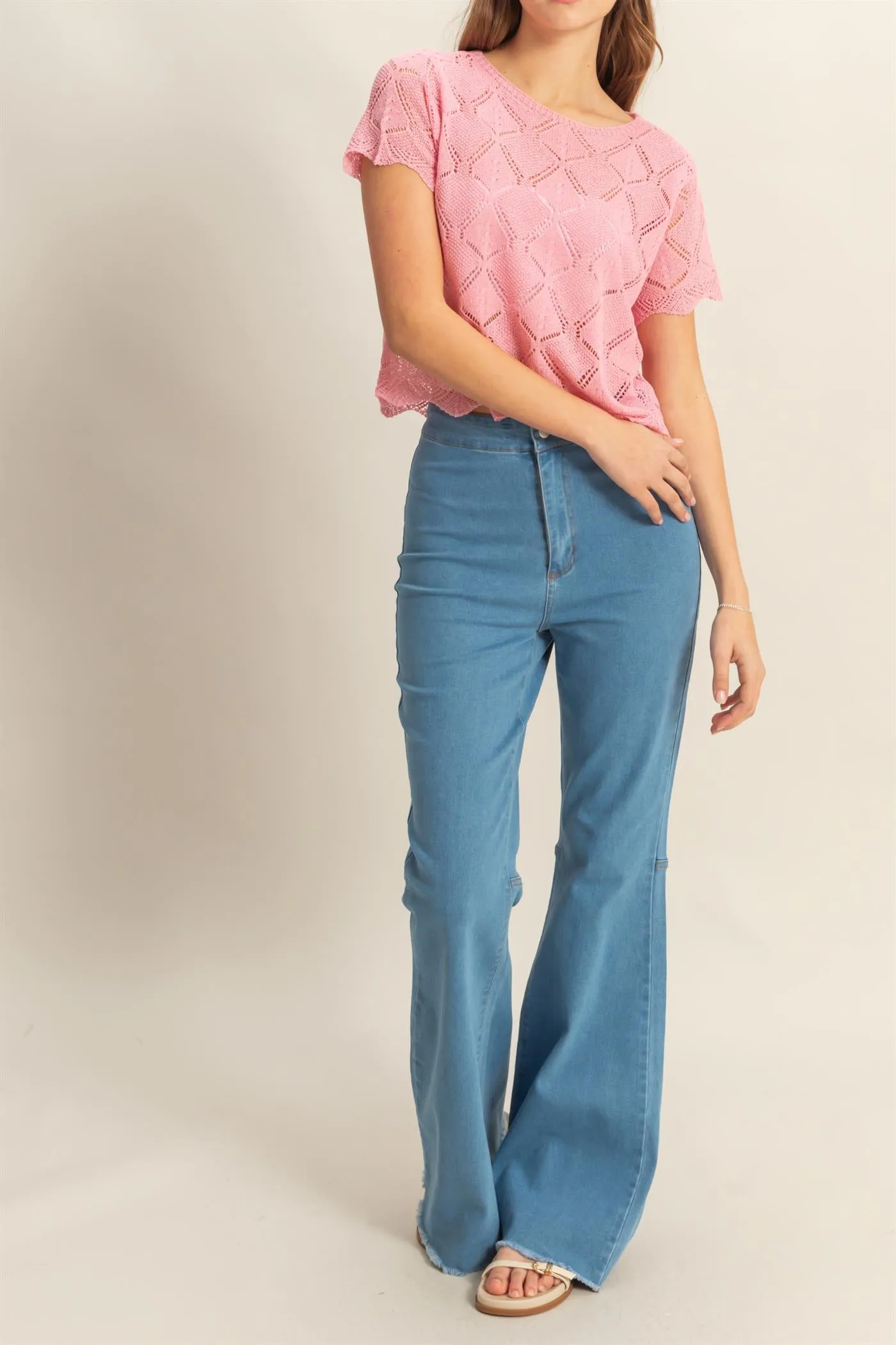 HF25C156-High-Waist  Washed Denim Flared Pants