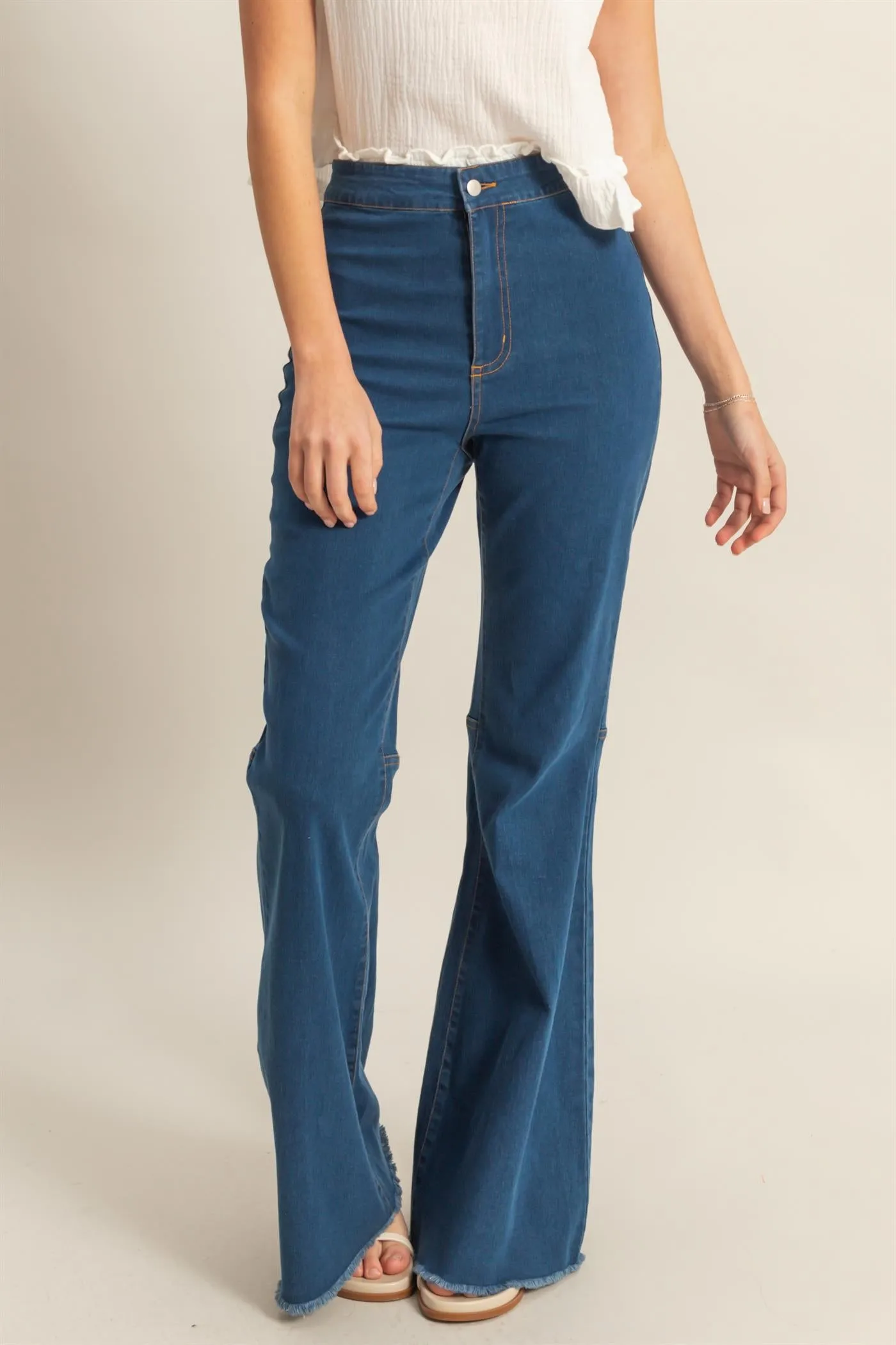 HF25C156-High-Waist  Washed Denim Flared Pants