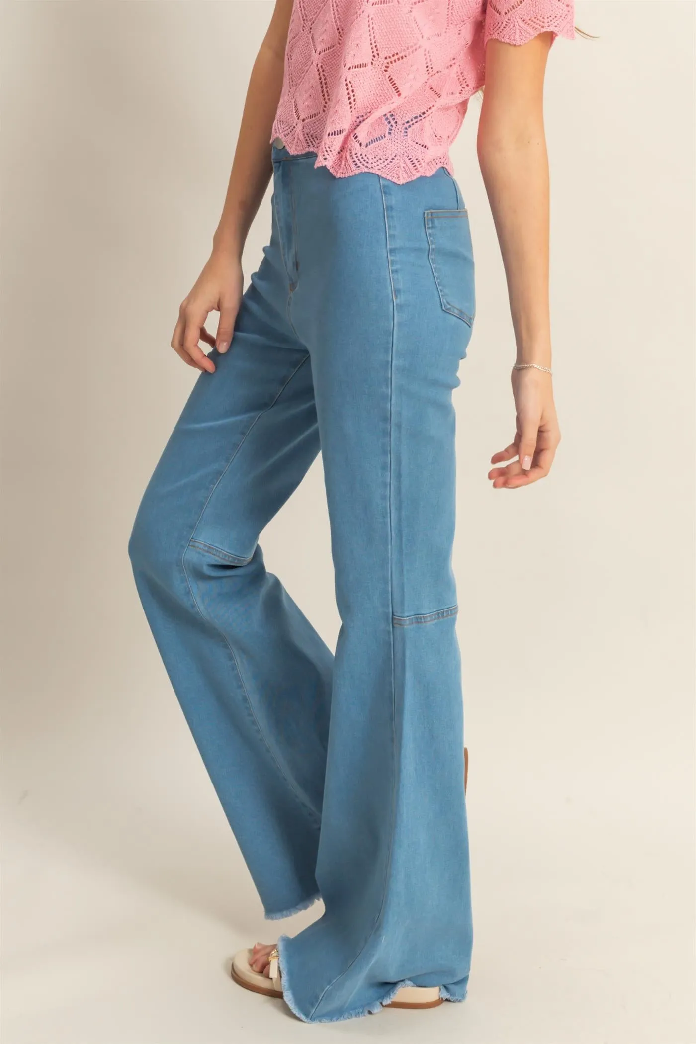 HF25C156-High-Waist  Washed Denim Flared Pants