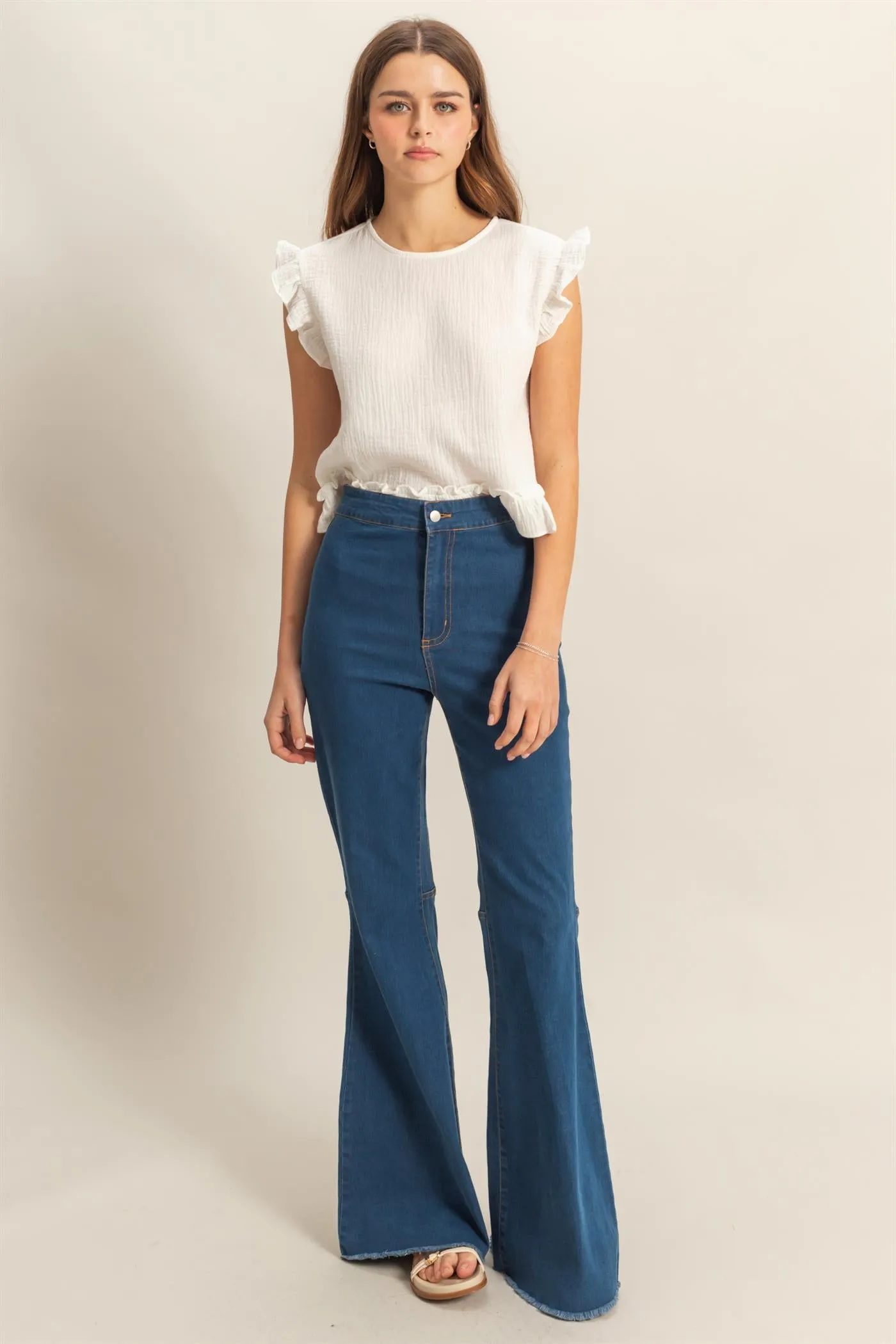 HF25C156-High-Waist  Washed Denim Flared Pants
