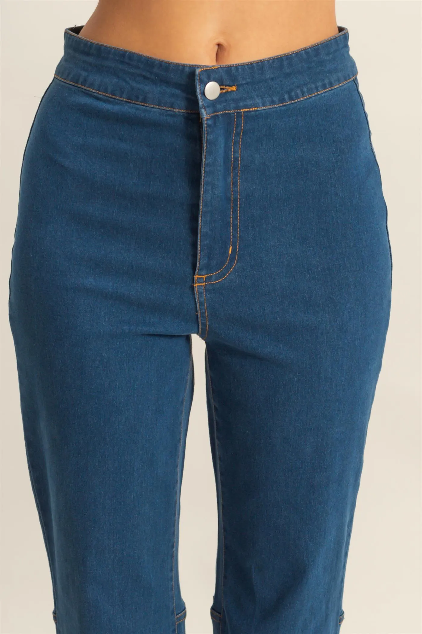 HF25C156-High-Waist  Washed Denim Flared Pants
