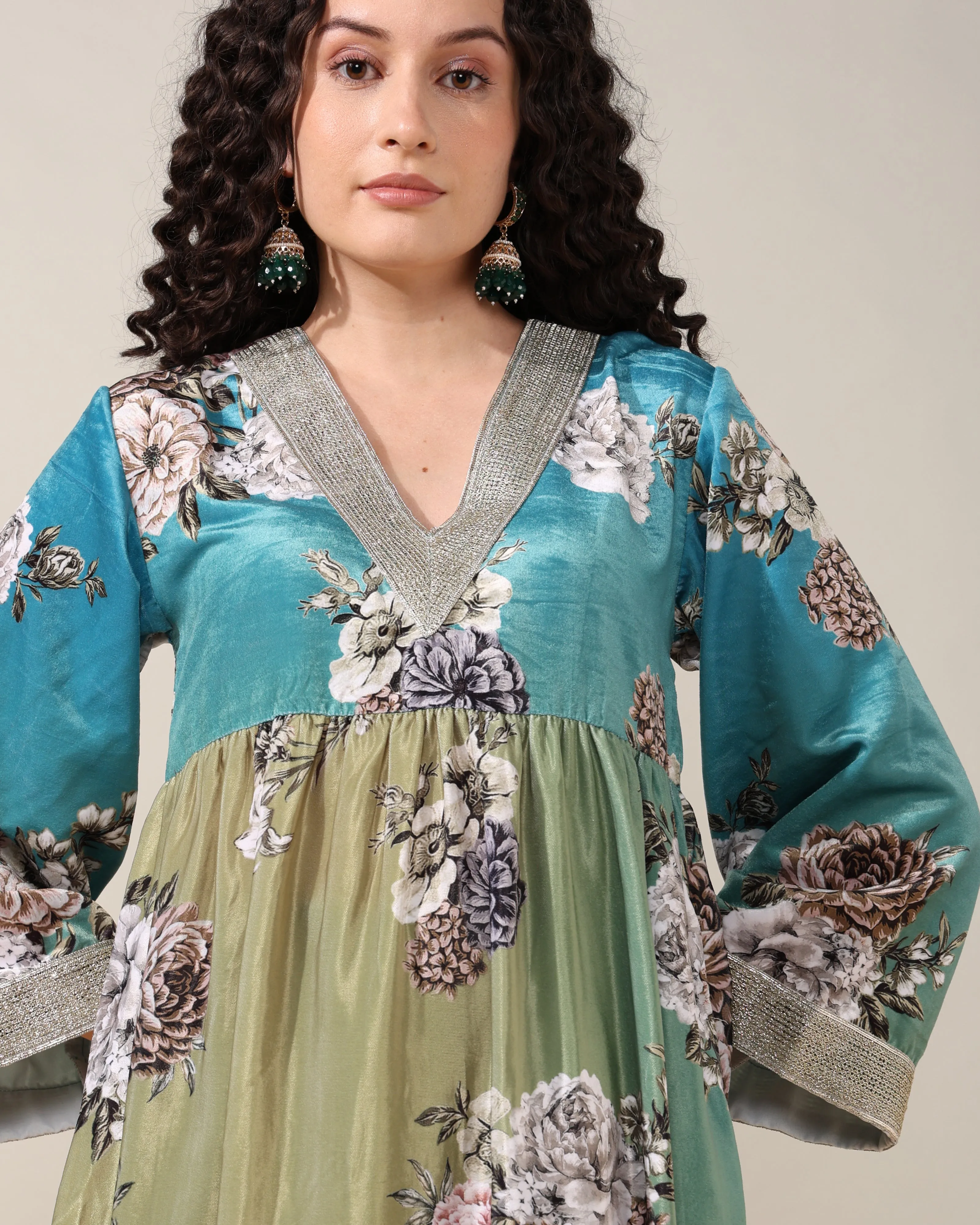 HOK ENSEMBLE - Printed Sea Green floral Velvet Suit set