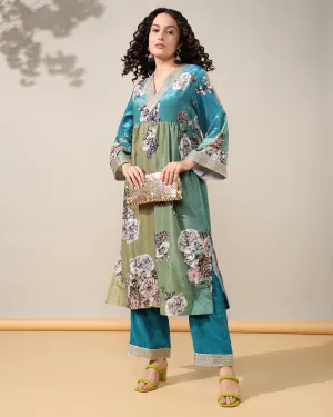 HOK ENSEMBLE - Printed Sea Green floral Velvet Suit set