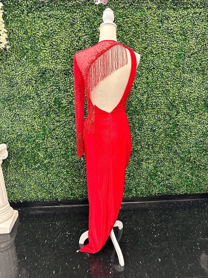 Johnathan Kayne 2795 Size 4 Crystal Sheer Beaded Fringe Long Sleeve Cocktail Dress