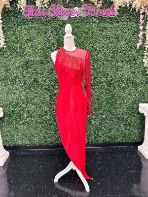 Johnathan Kayne 2795 Size 4 Crystal Sheer Beaded Fringe Long Sleeve Cocktail Dress
