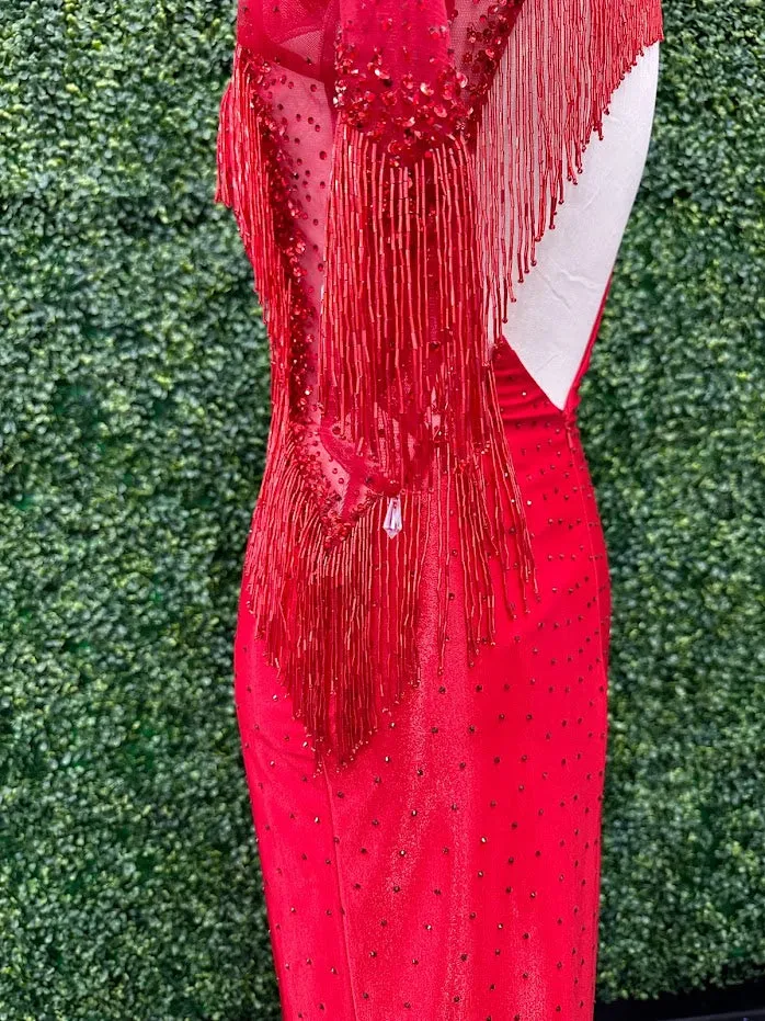 Johnathan Kayne 2795 Size 4 Crystal Sheer Beaded Fringe Long Sleeve Cocktail Dress