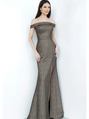 Jovani JVN2557 Size 6 Black/Gold Metallic Fitted Dress Slit Off the Shoulder Evening Gown