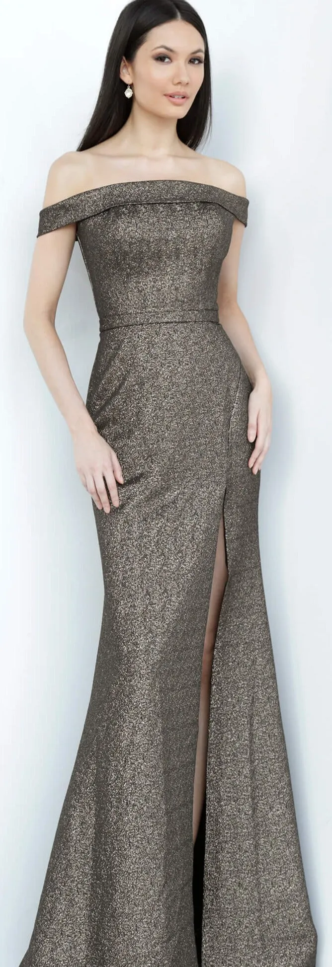 Jovani JVN2557 Size 6 Black/Gold Metallic Fitted Dress Slit Off the Shoulder Evening Gown