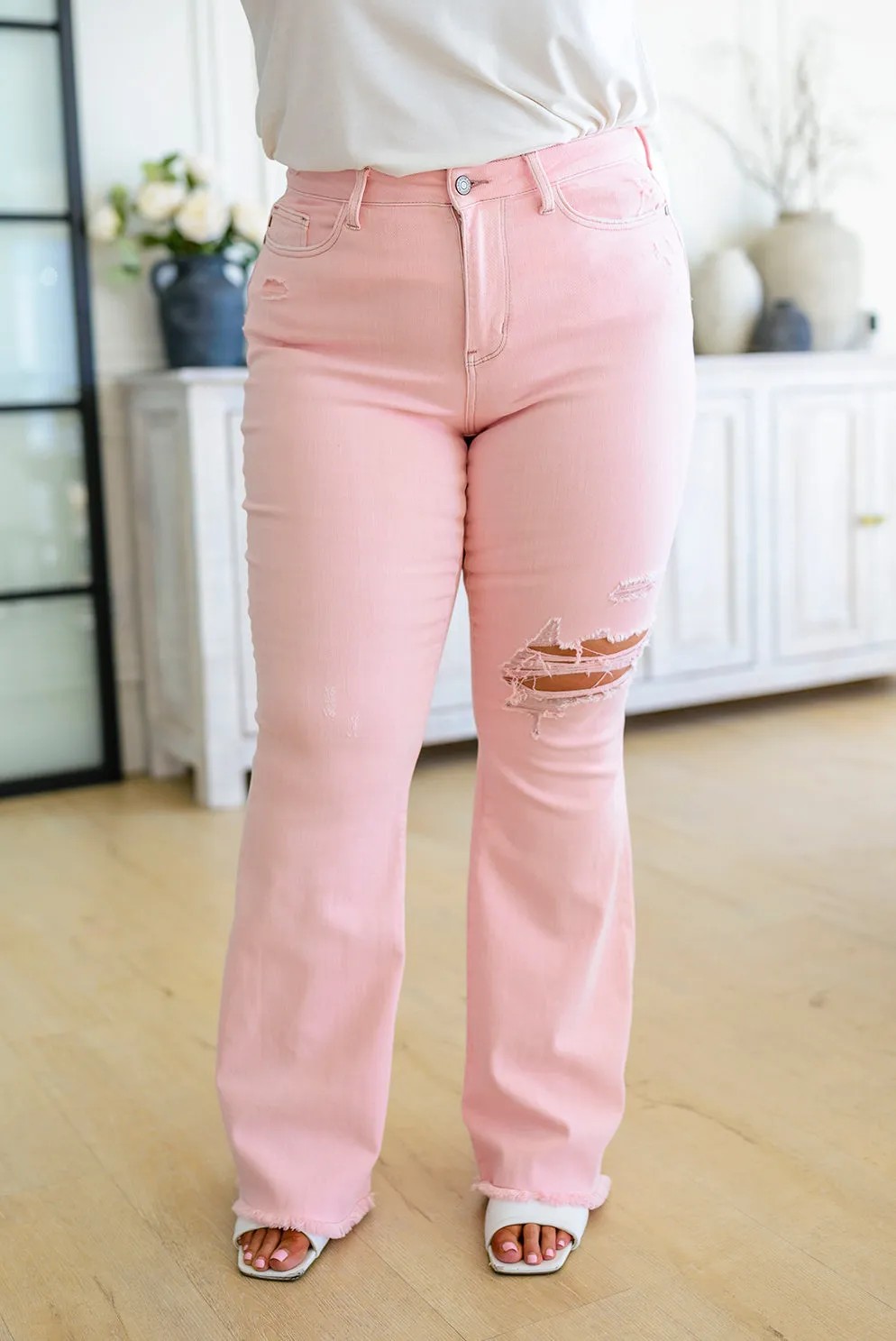 Judy Blue Pretty in Pink Mid Rise Distressed Flare Jeans