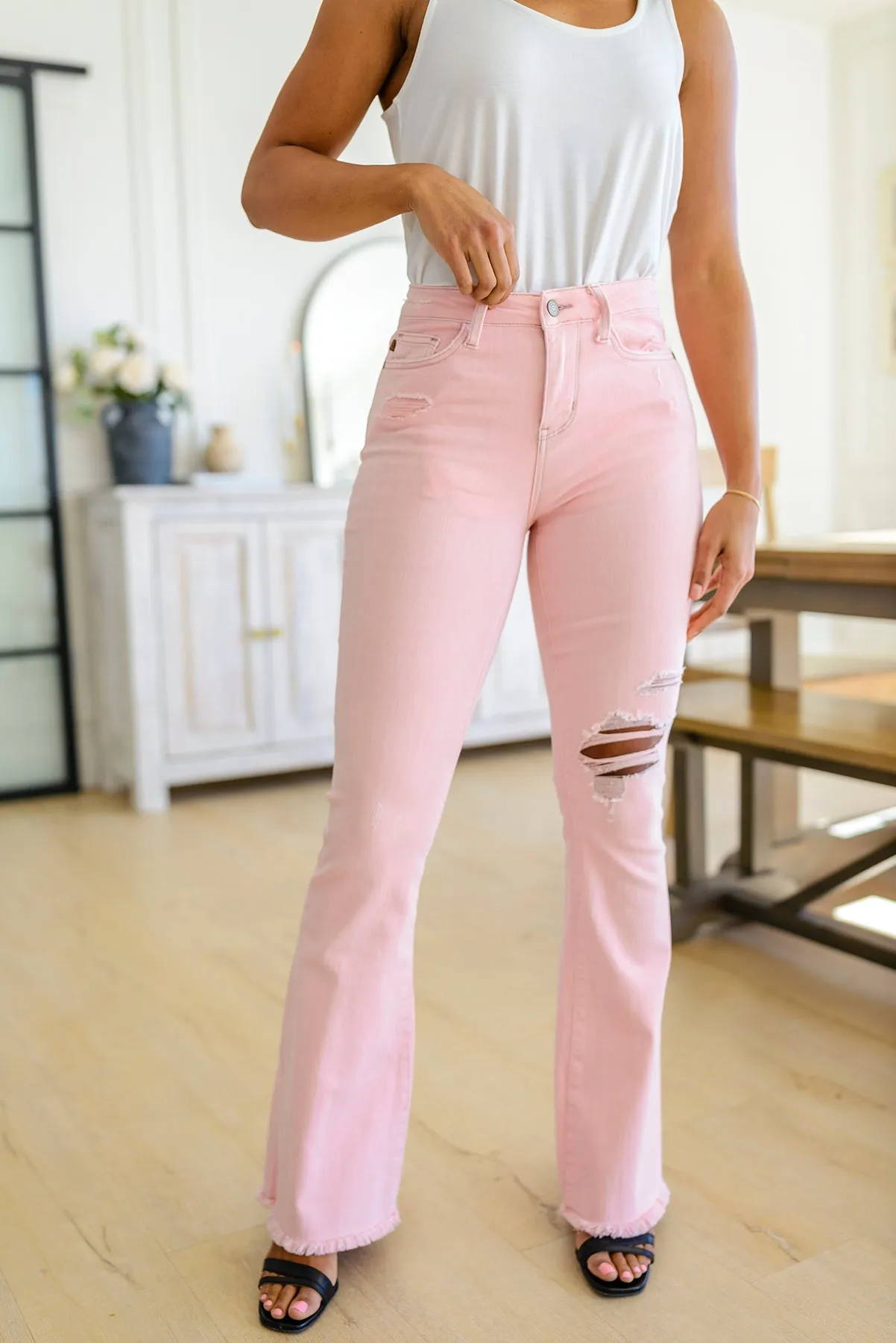 Judy Blue Pretty in Pink Mid Rise Distressed Flare Jeans