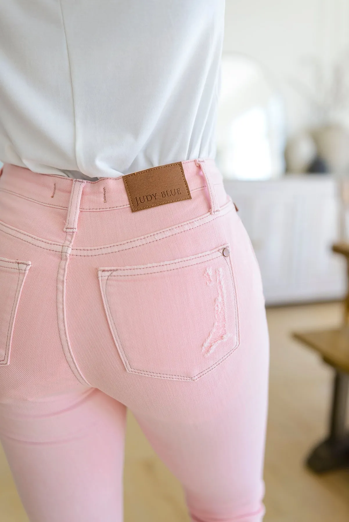 Judy Blue Pretty in Pink Mid Rise Distressed Flare Jeans