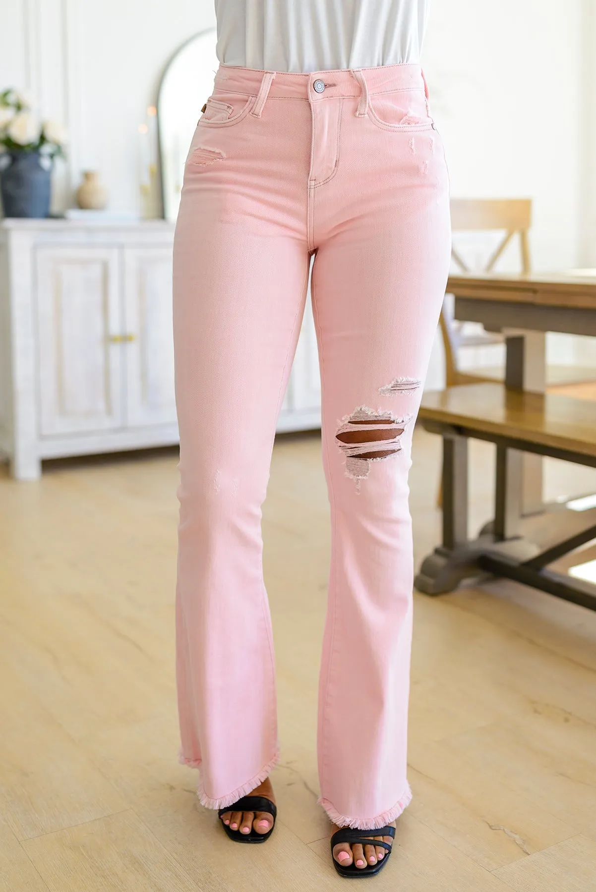 Judy Blue Pretty in Pink Mid Rise Distressed Flare Jeans