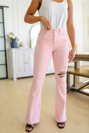 Judy Blue Pretty in Pink Mid Rise Distressed Flare Jeans