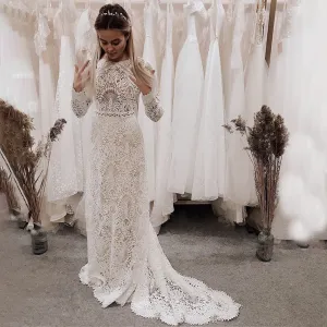 Luolandi Elegant Mermaid Lace Long Sleeve Boho Scoop Neck Open Back Pearls Modern Wedding Dresses Beautiful