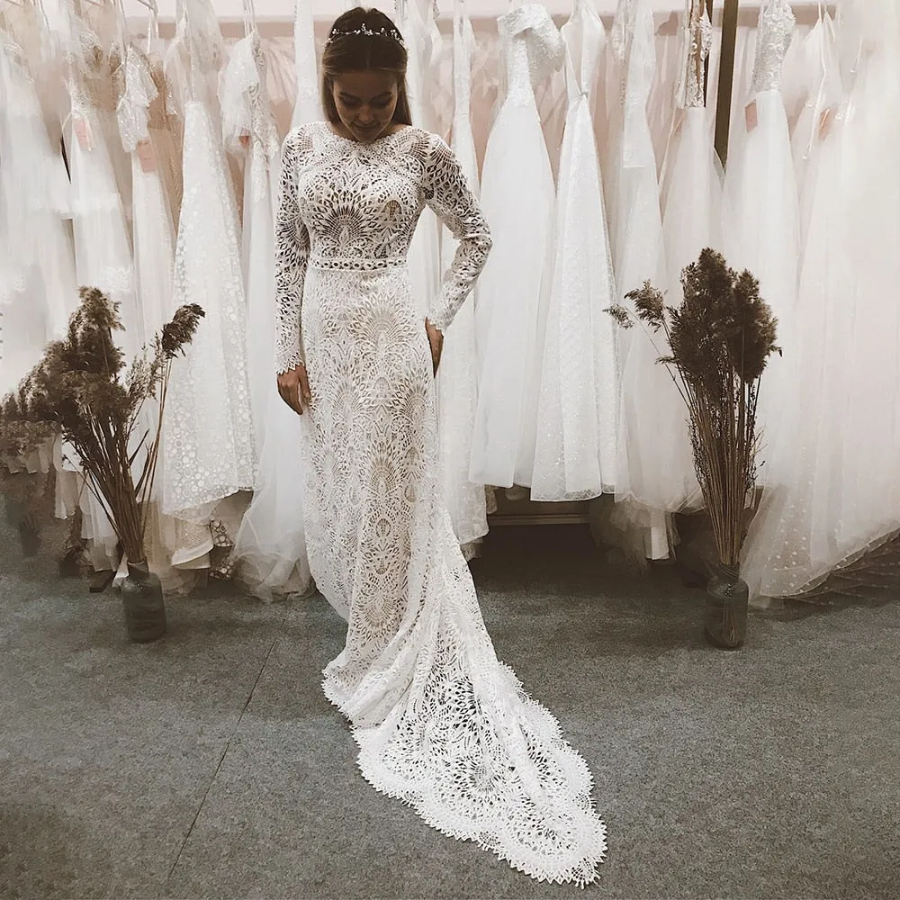 Luolandi Elegant Mermaid Lace Long Sleeve Boho Scoop Neck Open Back Pearls Modern Wedding Dresses Beautiful