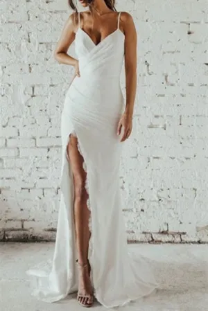 Luolandi Elegant Sheath Spaghetti Strap V Neck Chiffon Split Sleeveless Open Back Wedding Dresses Sexy