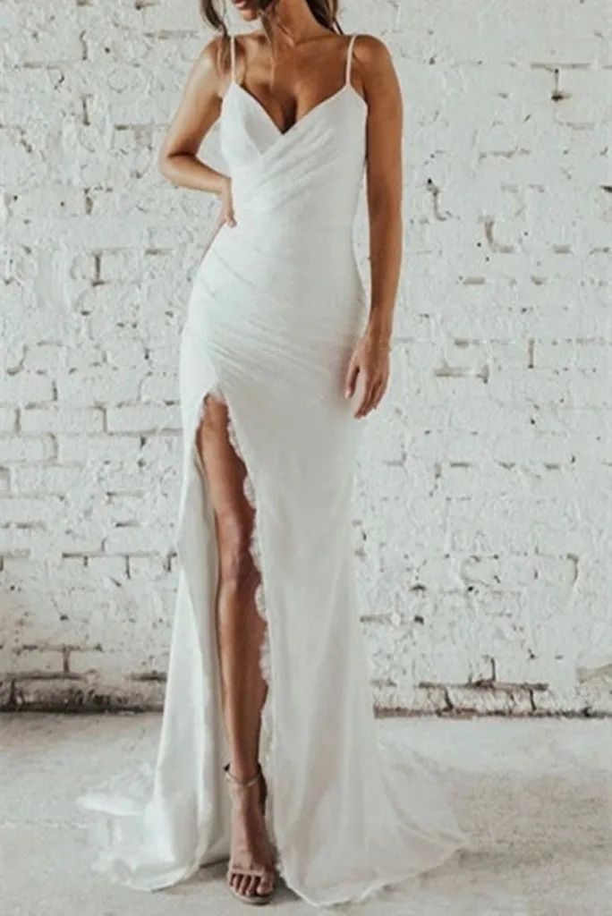 Luolandi Elegant Sheath Spaghetti Strap V Neck Chiffon Split Sleeveless Open Back Wedding Dresses Sexy