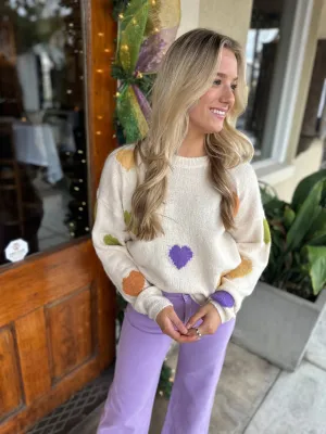 Mardi Gras Heart Sweater- Ivory