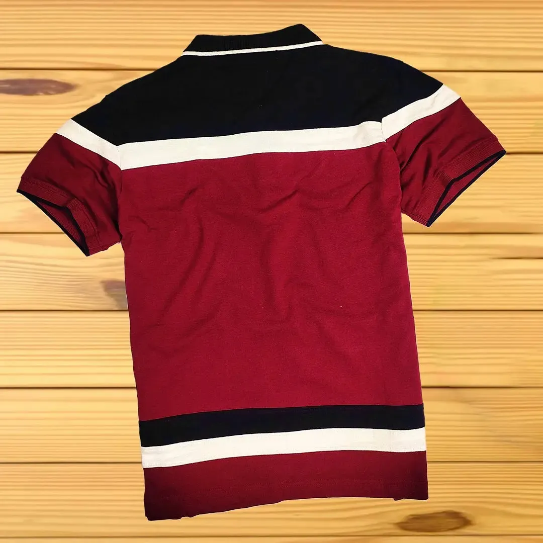Maroon Polo T-Shirt with White & Black Double Stripes