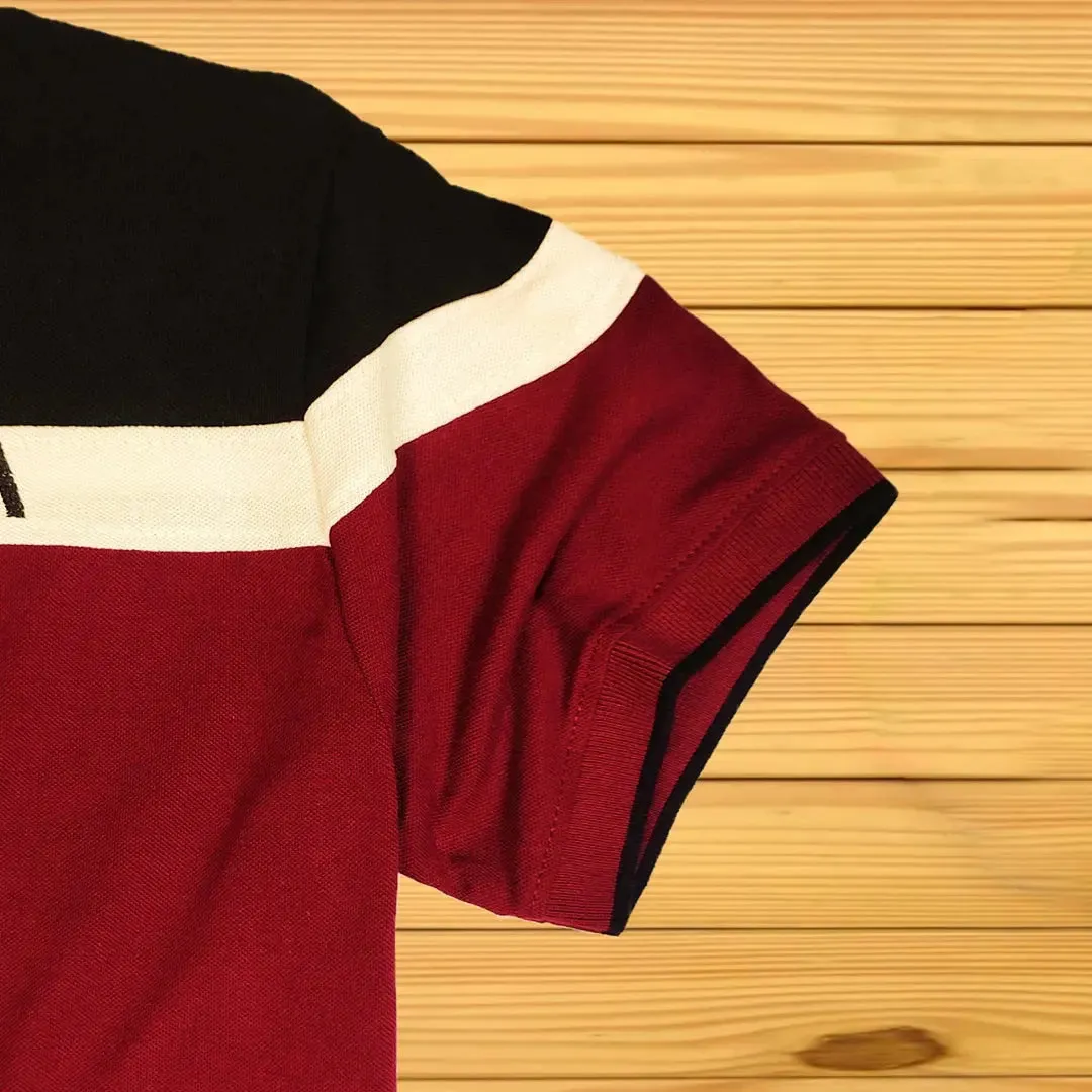 Maroon Polo T-Shirt with White & Black Double Stripes