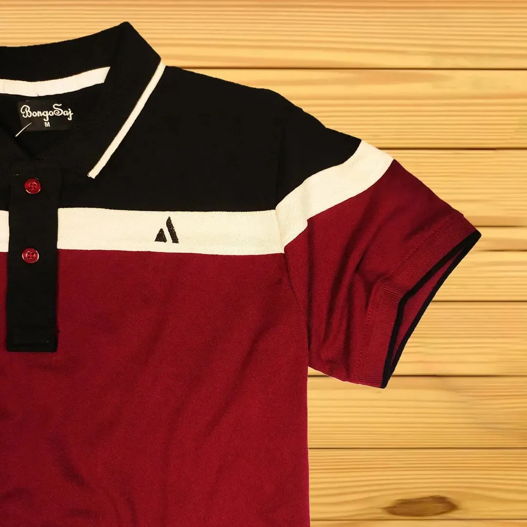 Maroon Polo T-Shirt with White & Black Double Stripes