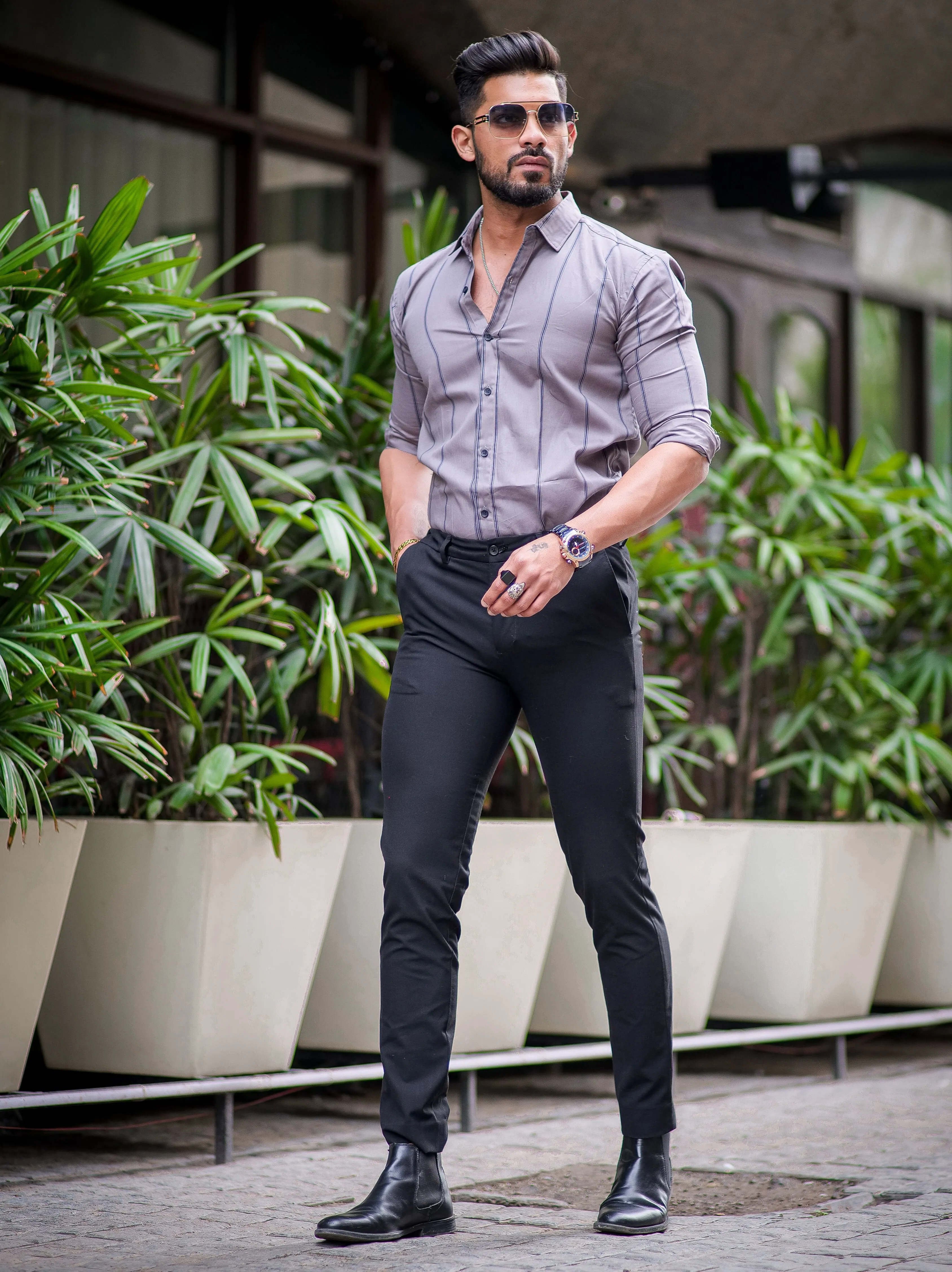 Medium Grey Striped Cotton Shirt