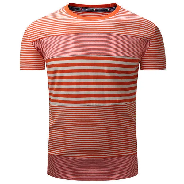 Mens Summer Cotton Striped Printed O-neck Short Sleeve Casual T-shirt