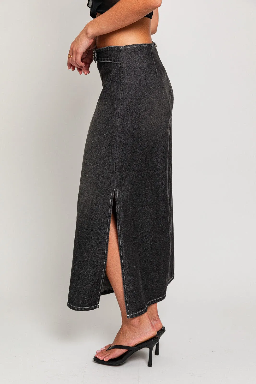 Mid Waist Washed Belted Midi Skirt