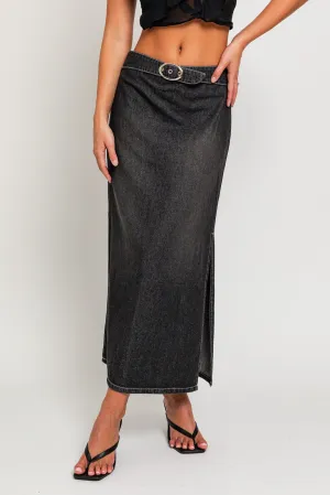Mid Waist Washed Belted Midi Skirt