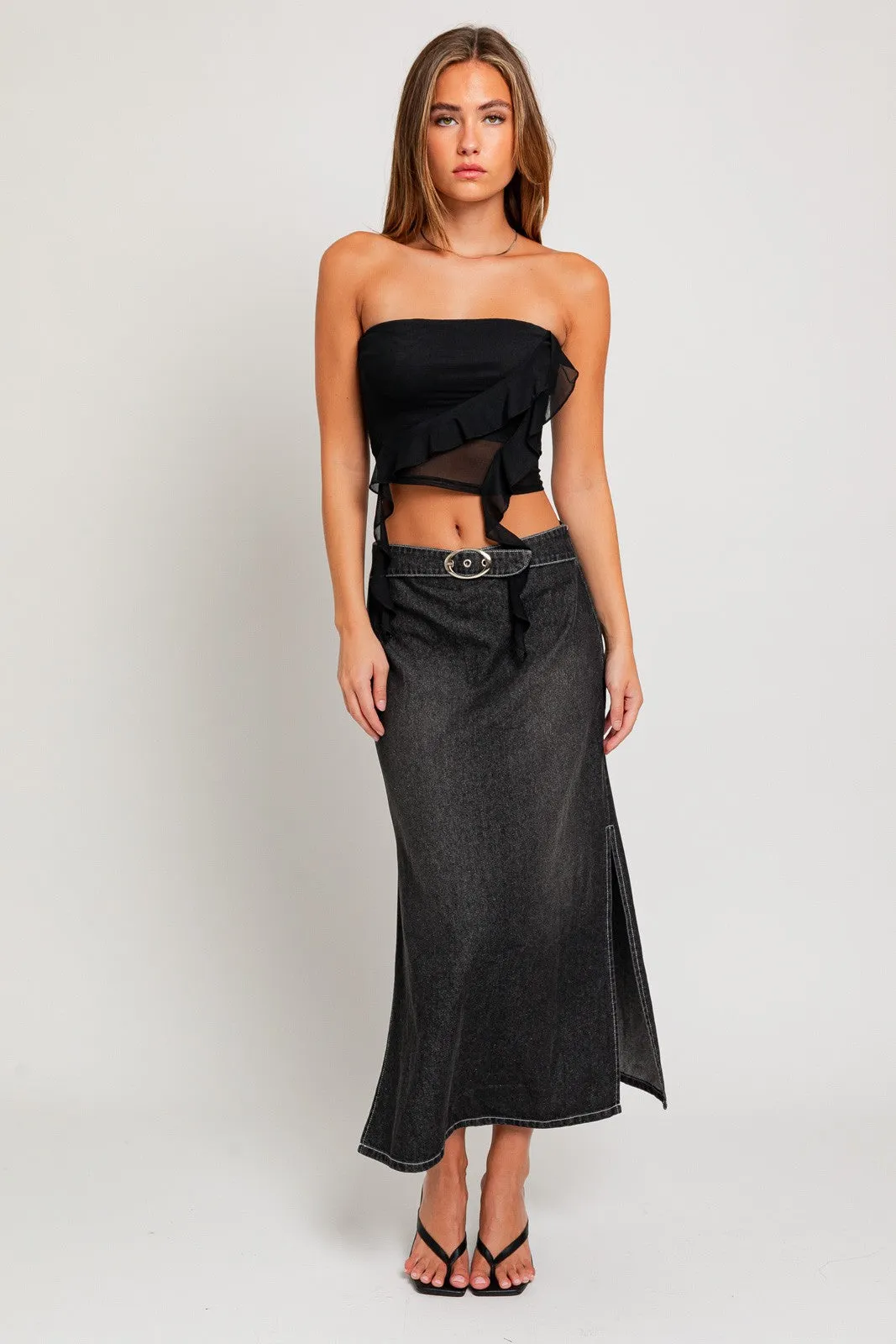 Mid Waist Washed Belted Midi Skirt