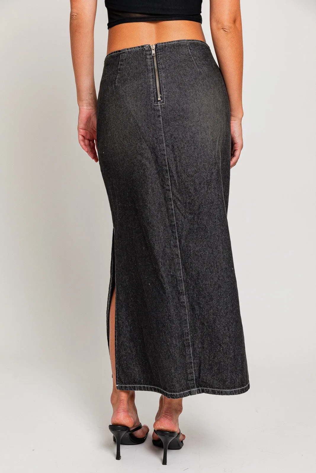 Mid Waist Washed Belted Midi Skirt