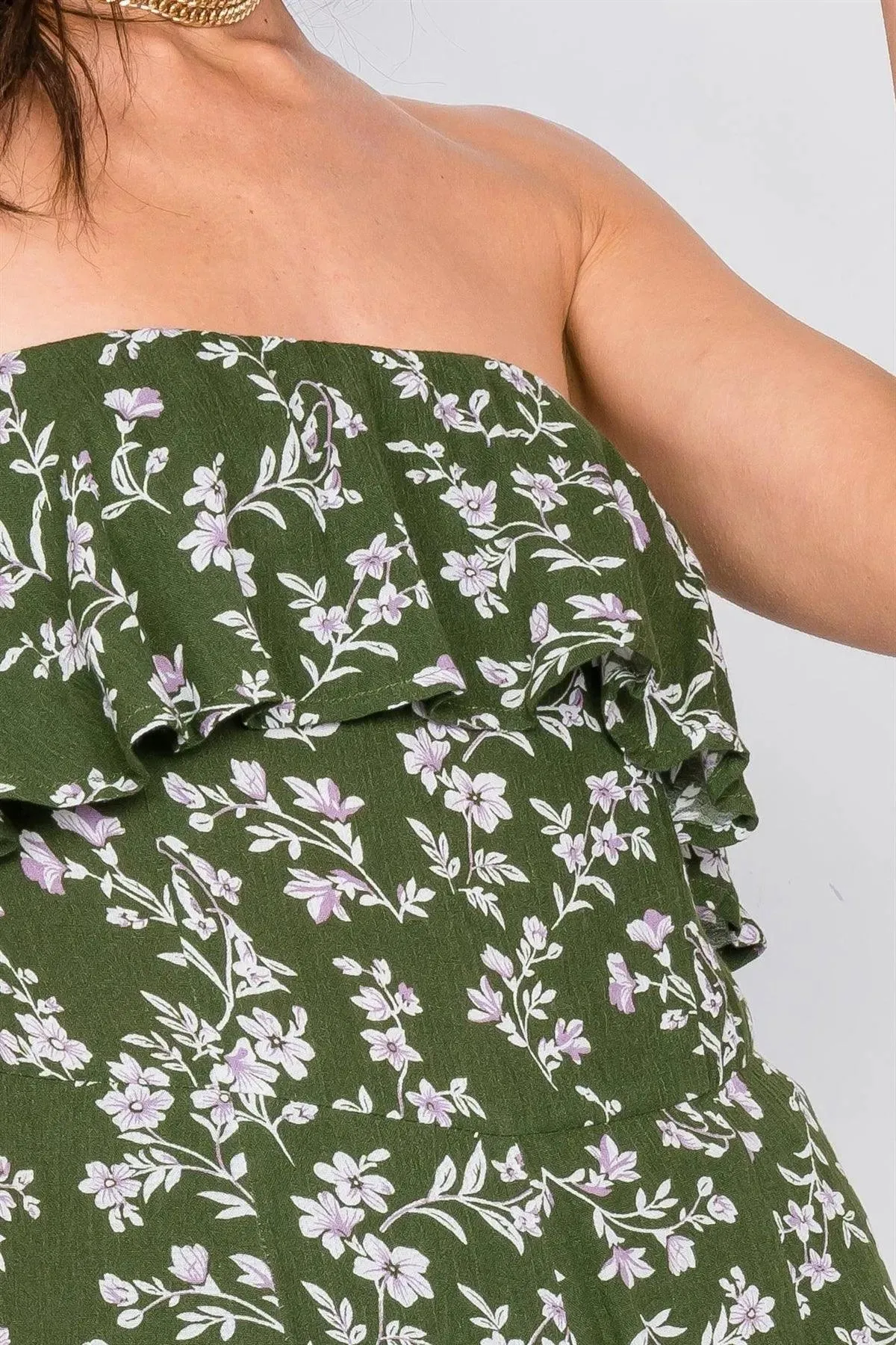 Moss Boho Floral Print Tube Top Flounce Trim Wide Leg Jumpsuit  /4-2-1