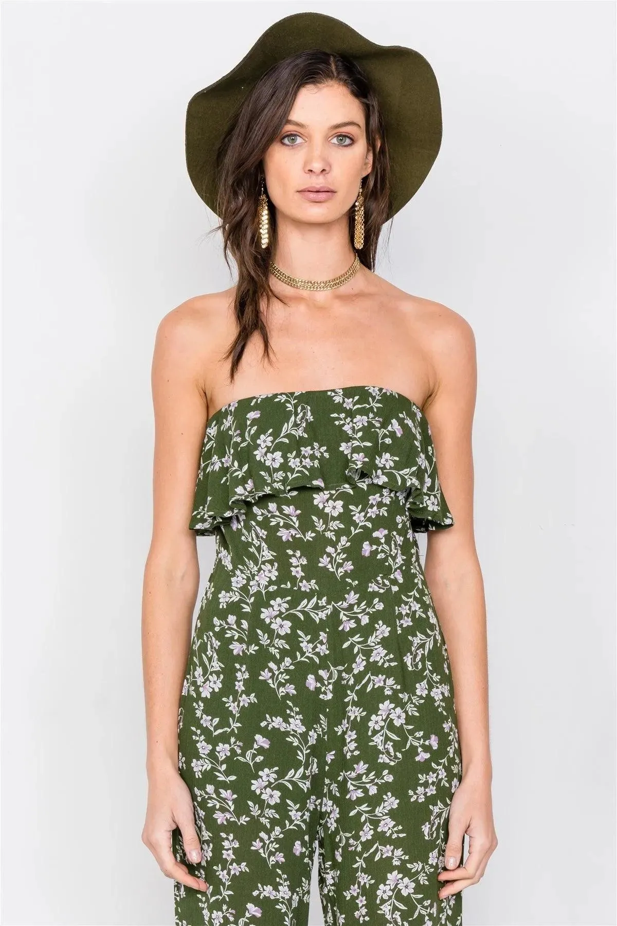 Moss Boho Floral Print Tube Top Flounce Trim Wide Leg Jumpsuit  /4-2-1