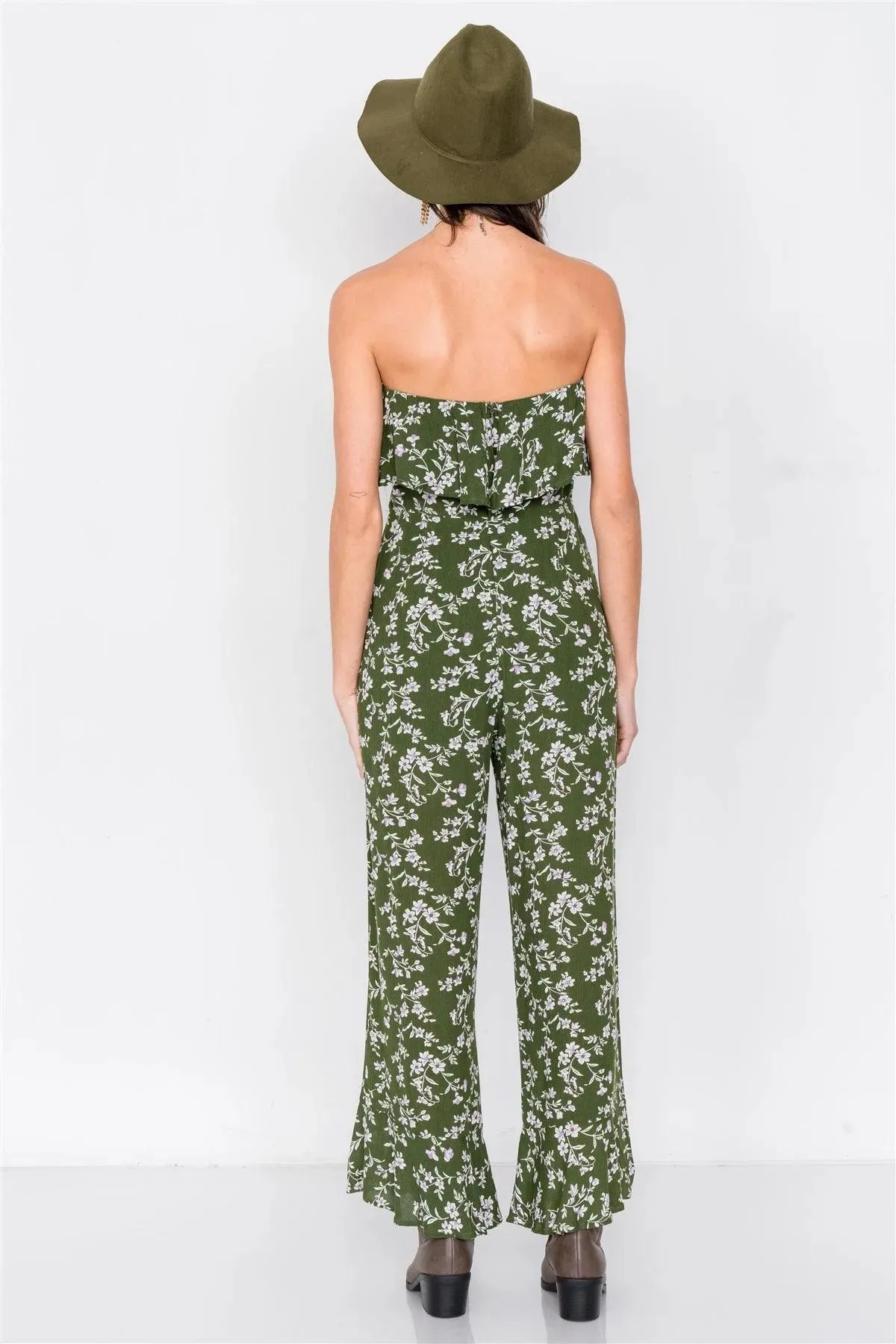 Moss Boho Floral Print Tube Top Flounce Trim Wide Leg Jumpsuit  /4-2-1