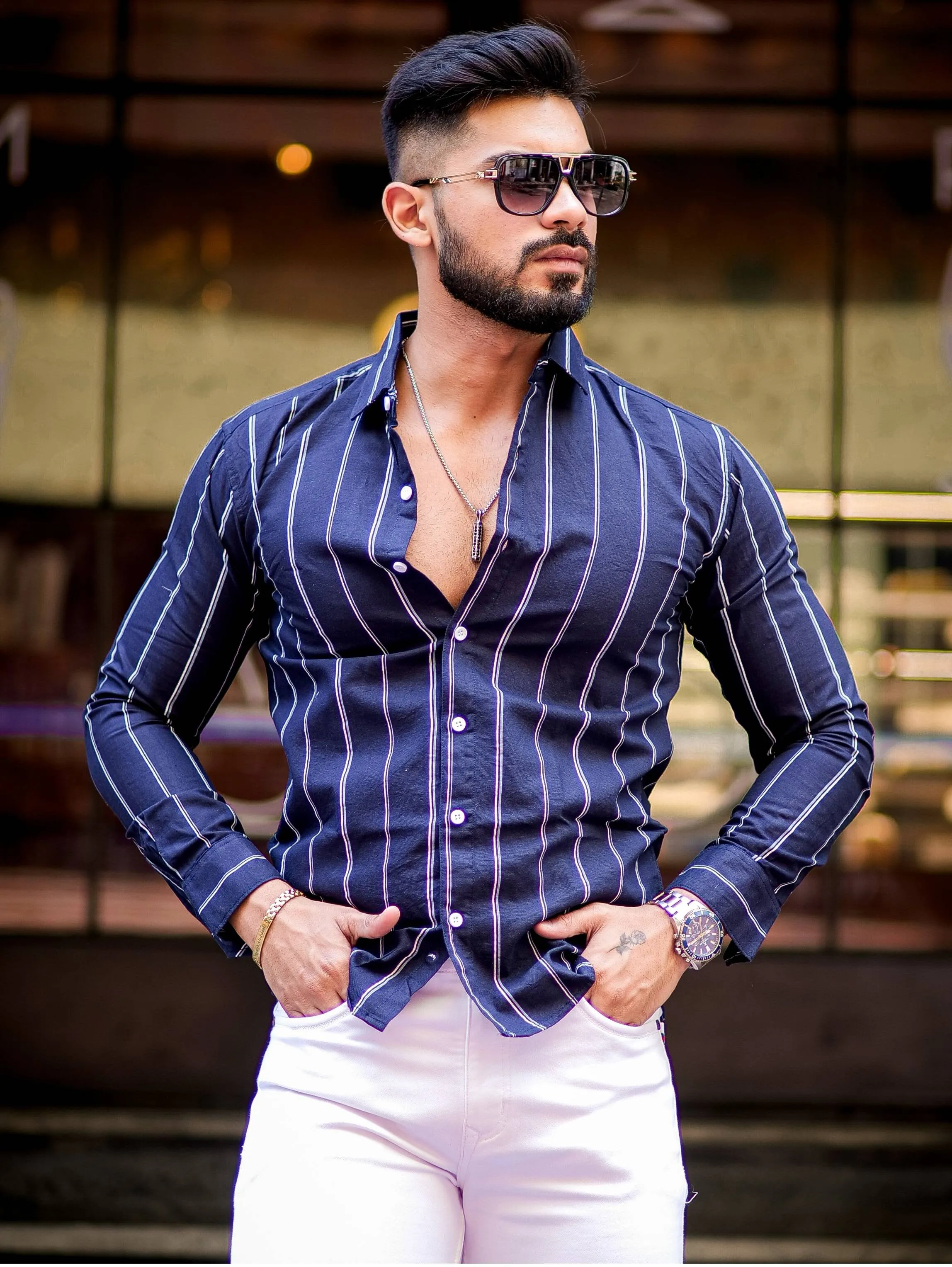 Navy Blue Striped Oxford Cotton Shirt