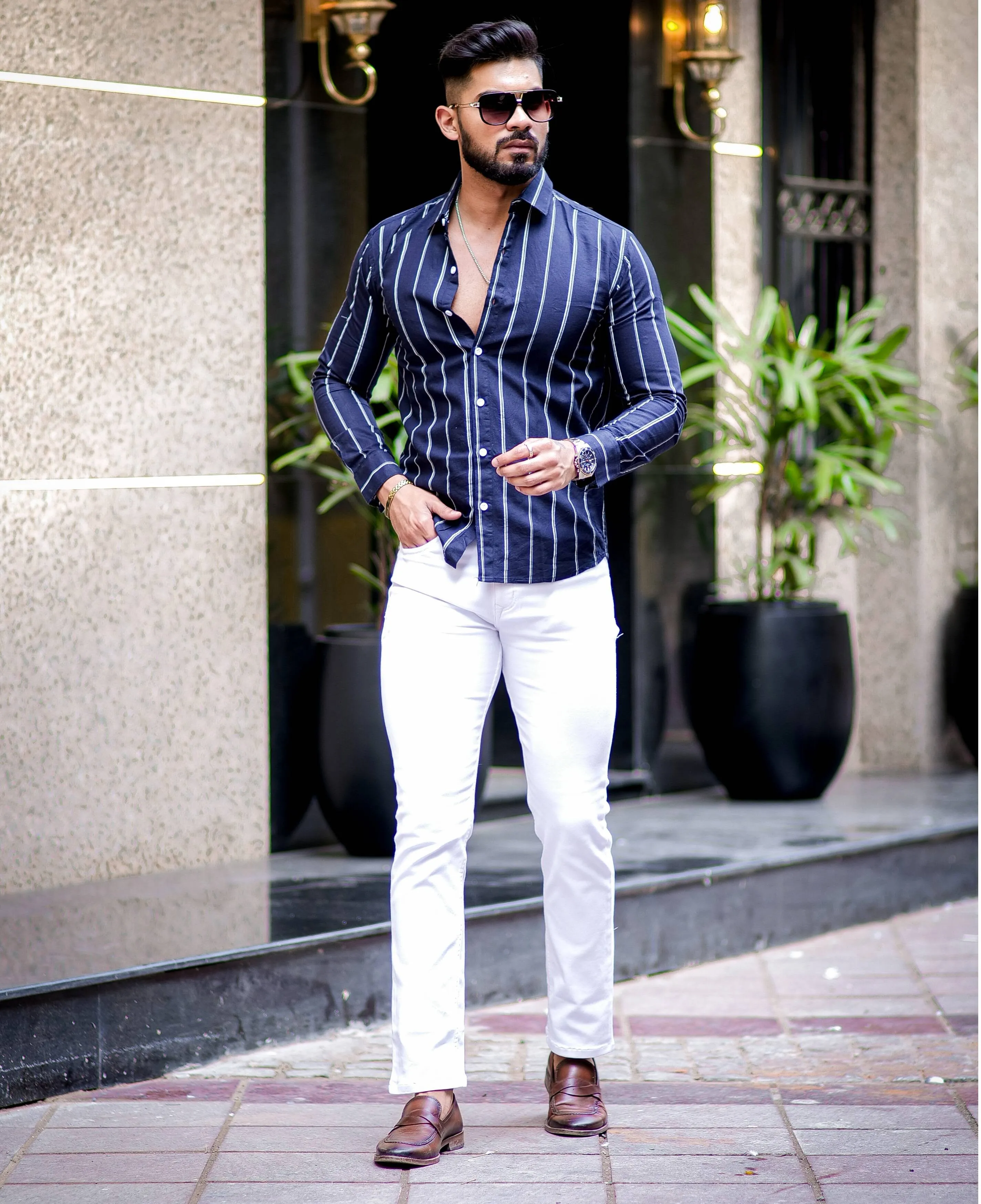 Navy Blue Striped Oxford Cotton Shirt