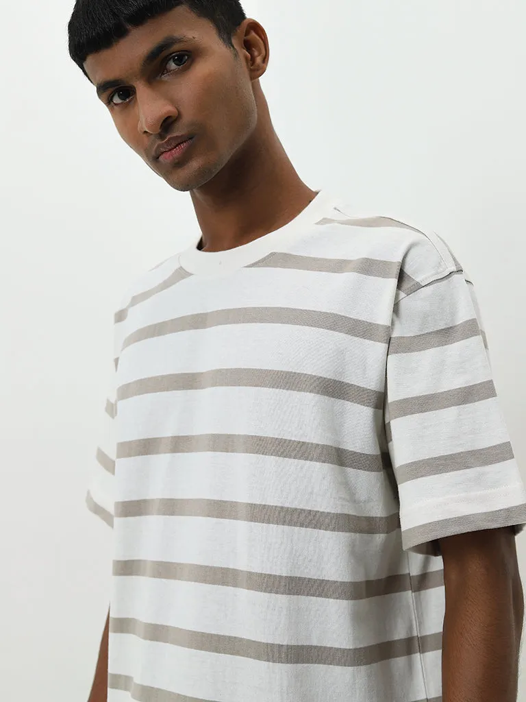 Nuon Taupe Striped Relaxed-Fit Cotton T-Shirt