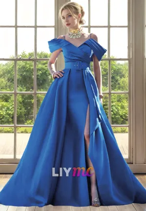 Off-Shoulder Straps Sleek Satin High Slit Mother of Bride Dress Cocktail Dress