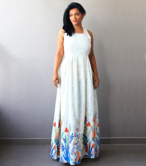 Off White Maxi Dress with Floral Border