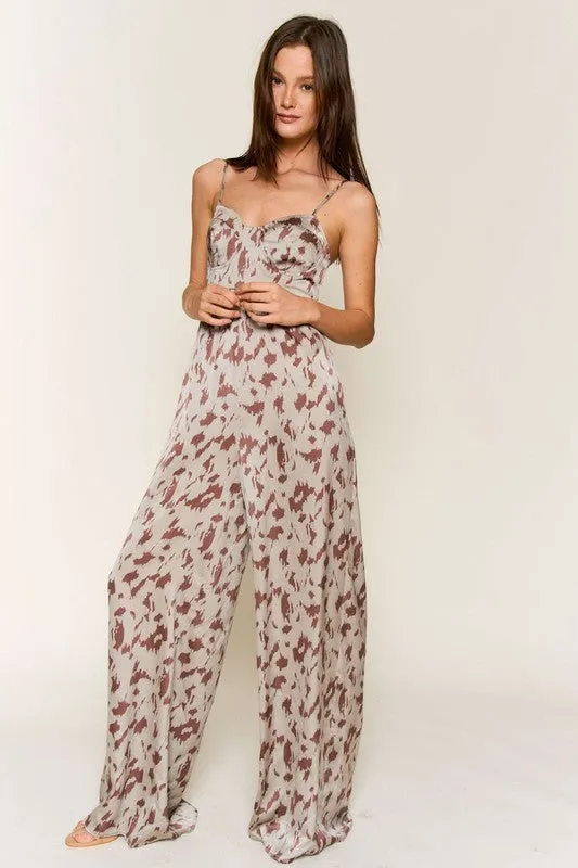 Olive Brown Animal Print Spaghetti Strap Tie Back Jumpsuit
