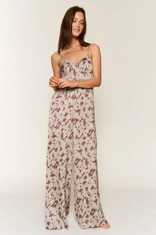 Olive Brown Animal Print Spaghetti Strap Tie Back Jumpsuit